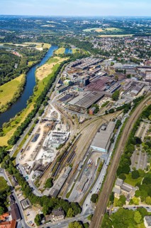Aerial view, Deutsche Edelstahlwerke Witten, DEW, Ruhr river, Witten main railway station, view to