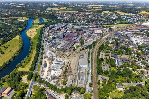 Aerial view, Deutsche Edelstahlwerke Witten, DEW, Ruhr river, Witten main railway station, view to