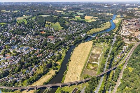Aerial view, Ruhr river, possible natural outdoor pool on the riverside road, Ruhr viaduct Witten,