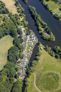Aerial view, Steger campsite, Ruhr river, Ruhr island, Bommern, Witten, Ennepe-Ruhr district, Ruhr