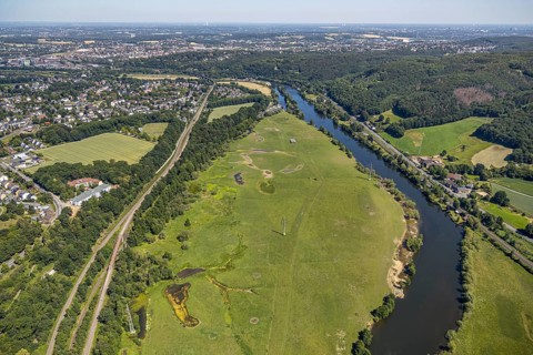 Aerial view, Steger campsite, Ruhr river, Ruhr island, new Haus Buschey retirement home, Bommern,