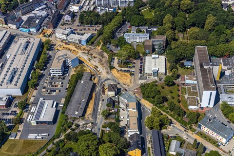 Aerial view, construction site, extension of Pferdebachstraße, Witten-Ost development area, former