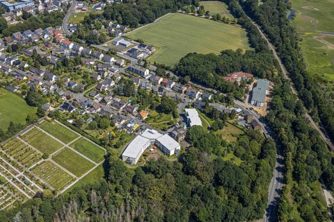 Aerial view, new Haus Buschey retirement home, Lutherhaus nursing home, Bommern, Witten,