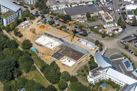 Aerial view, construction site of new campus building, Witten Herdecke University, Witten,