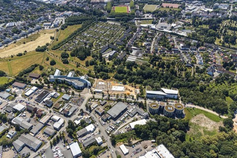 Aerial view, construction site of new campus building, Witten Herdecke University, Witten,