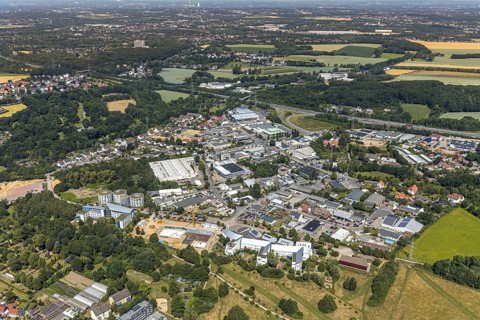 Aerial view, construction site of new campus building, Witten Herdecke University, Witten,