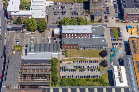 Aerial view, Stockumer Straße industrial estate, Ruhrpumpen, former annealing furnace hall, Witten
