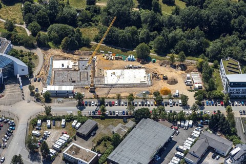 Aerial view, construction site of new campus building, Witten Herdecke University, Witten,