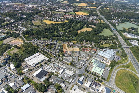 Aerial view, construction site of new residential area, former Schüren nursery, Dehner garden