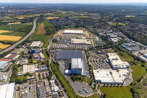Aerial view, construction site of new Amazon logistics centre, industrial estate on Brauckstrasse,