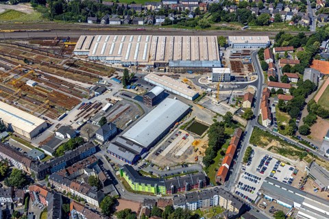 Aerial view, new building at the entrance to the Witten switchyard, site of the switchyard on