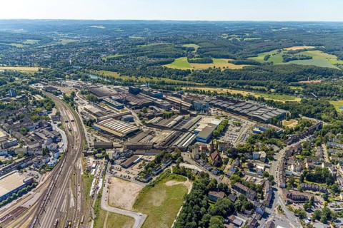 Aerial view, Deutsche Edelstahlwerke Witten, DEW, Ruhr river, Witten main railway station, Witten,