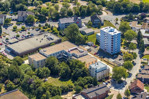 Aerial view, construction site of new Helfkamp retirement home, high-rise building, Stockum,