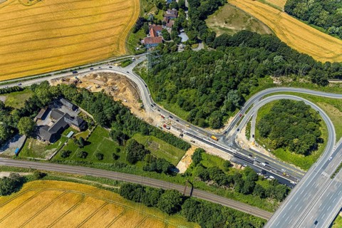 Aerial view, construction site Bochumer Straße near Hof Bockholt, motorway junction Witten-Zentrum,