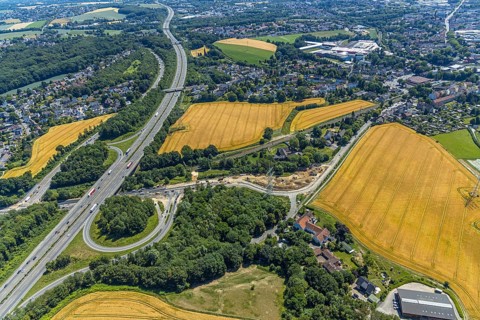 Aerial view, construction site Bochumer Straße near Hof Bockholt, motorway junction Witten-Zentrum,