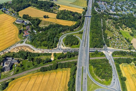 Aerial view, construction site Bochumer Straße near Hof Bockholt, motorway junction Witten-Zentrum,