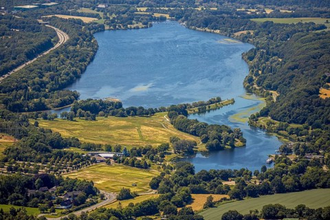 Aerial view, Lake Kemnader, Witten, Ennepe-Ruhr district, Ruhr area, North Rhine-Westphalia,