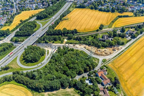 Aerial view, construction site Bochumer Straße near Hof Bockholt, motorway junction Witten-Zentrum,