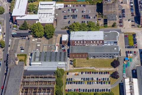 Aerial view, Stockumer Straße industrial estate, Ruhrpumpen, former annealing furnace hall, SMS