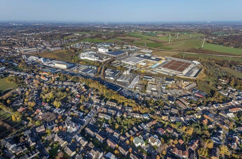 Aerial view, construction site of new Amazon logistics centre, industrial estate on Brauckstrasse,