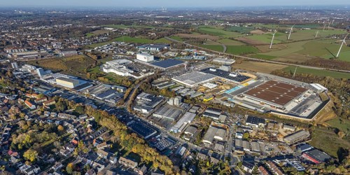 Aerial view, construction site of new Amazon logistics centre, industrial estate on Brauckstrasse,