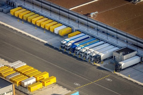 Aerial view, construction site of new Amazon logistics centre, industrial estate on Brauckstraße,