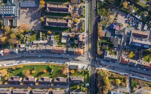 Aerial view, construction site Pferdebachstraße, railway crossing Ziegelstraße, planned S-Bahn