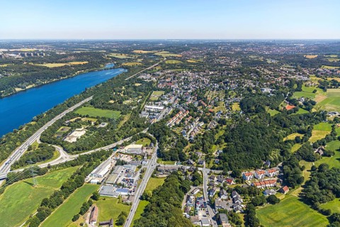 Aerial view, Lake Kemnader, view of Herbede, A43 motorway, Witten, Ennepe-Ruhr district, Ruhr area,