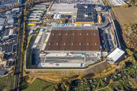 Aerial view, construction site of new Amazon logistics centre, industrial estate on Brauckstrasse,