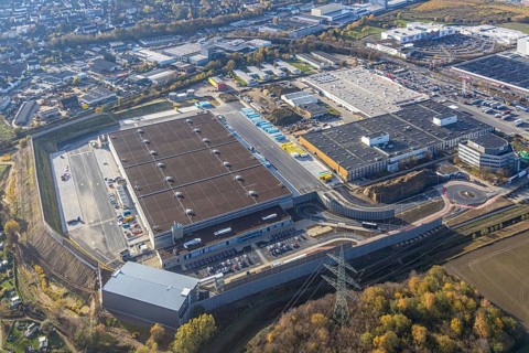 Aerial view, construction site of new Amazon logistics centre, industrial estate on Brauckstraße,