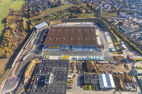 Aerial view, construction site of new Amazon logistics centre, industrial estate on Brauckstraße,