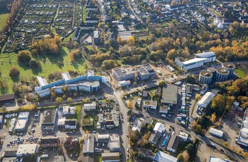 Aerial view, Witten/Herdecke University, new library building campus, Annen, Witten, Ruhr area,