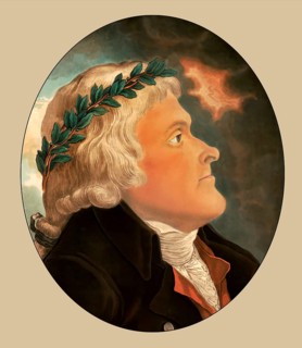 Jefferson shown as a philosopher, patriote and friend, wearing laurel crown, portrait of Thomas