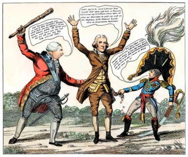 An Anti-Jefferson political cartoon on the Embargo Act in 1807, Jefferson is robbed by England and