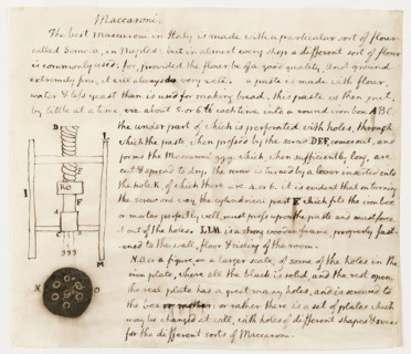 Jefferson's drawing of a macaroni machine and instructions for making pasta, ca. 1787, Thomas
