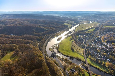 Aerial view, Ruhr river, Ruhr island, Ruhr viaduct, Hohenstein hydroelectric power station,