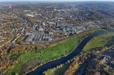 Aerial view, Deutsche Edelstahlwerke, river Ruhr, view of Witten, Ruhr area, North