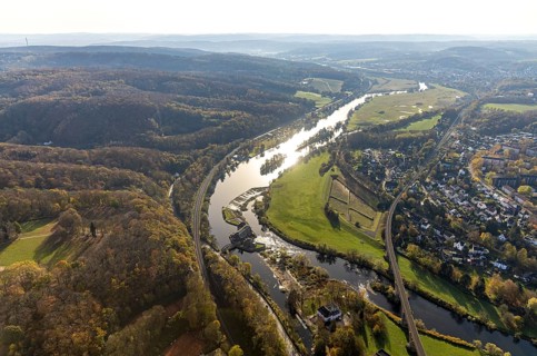 Aerial view, Ruhr river, Ruhr island, Ruhr viaduct, Hohenstein hydroelectric power station,