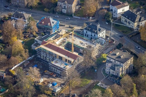 Aerial view, construction site for 30 lofts, former Scharfen machine factory, Scharfen Villa, Villa