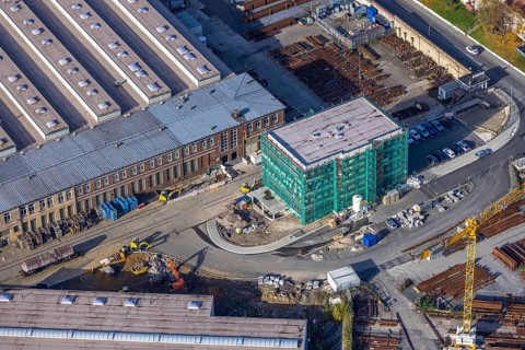 Aerial view, overview of Witten switchyard, Kronenstraße access road with new building,