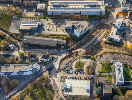 Aerial view, construction site, extension of Pferdebachstraße, Witten-Ost development area, former