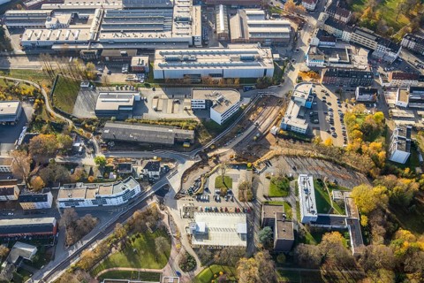 Aerial view, construction site, extension of Pferdebachstraße, Witten-Ost development area, former