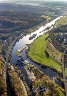 Aerial view, Ruhr river, Ruhr island, Ruhr viaduct, Hohenstein hydroelectric power station,