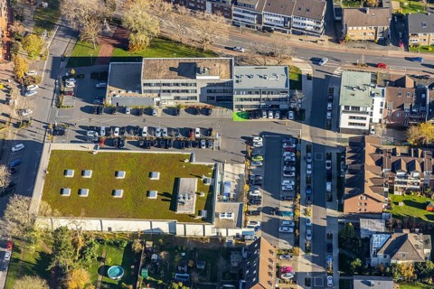 Aerial view, Edeka supermarket, Mozartstraße, Alte Rathausstraße, Andreas-Bräm-Haus, Neukirchener