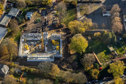 Aerial view, construction site of new double gymnasium, Jahnstraße. Neukirchen, Neukirchen-Vluyn,