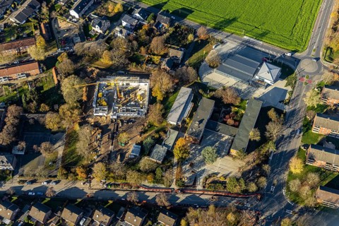 Aerial view, construction site of new double gymnasium, Jahnstraße. Neukirchen, Neukirchen-Vluyn,