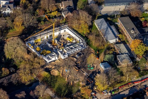Aerial view, construction site of new double gymnasium, Jahnstraße. Neukirchen, Neukirchen-Vluyn,