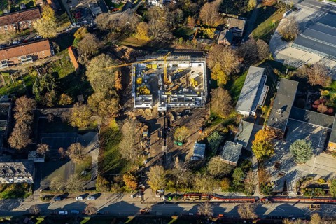 Aerial view, construction site of new double gymnasium, Jahnstraße. Neukirchen, Neukirchen-Vluyn,