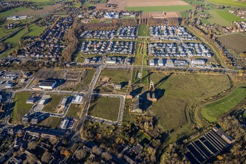 Aerial view, former Niederberg colliery, Dicksche Heide development area, Niederberg Park,