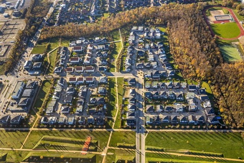 Aerial view, Dicksche Heide development area, Niederberg Park, Neukirchen, Neukirchen-Vluyn, Ruhr